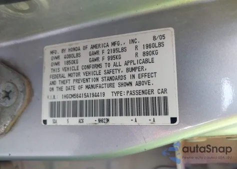 2005 Honda Accord Lx из США, поврежденный, VIN 01HGCM56415A19441